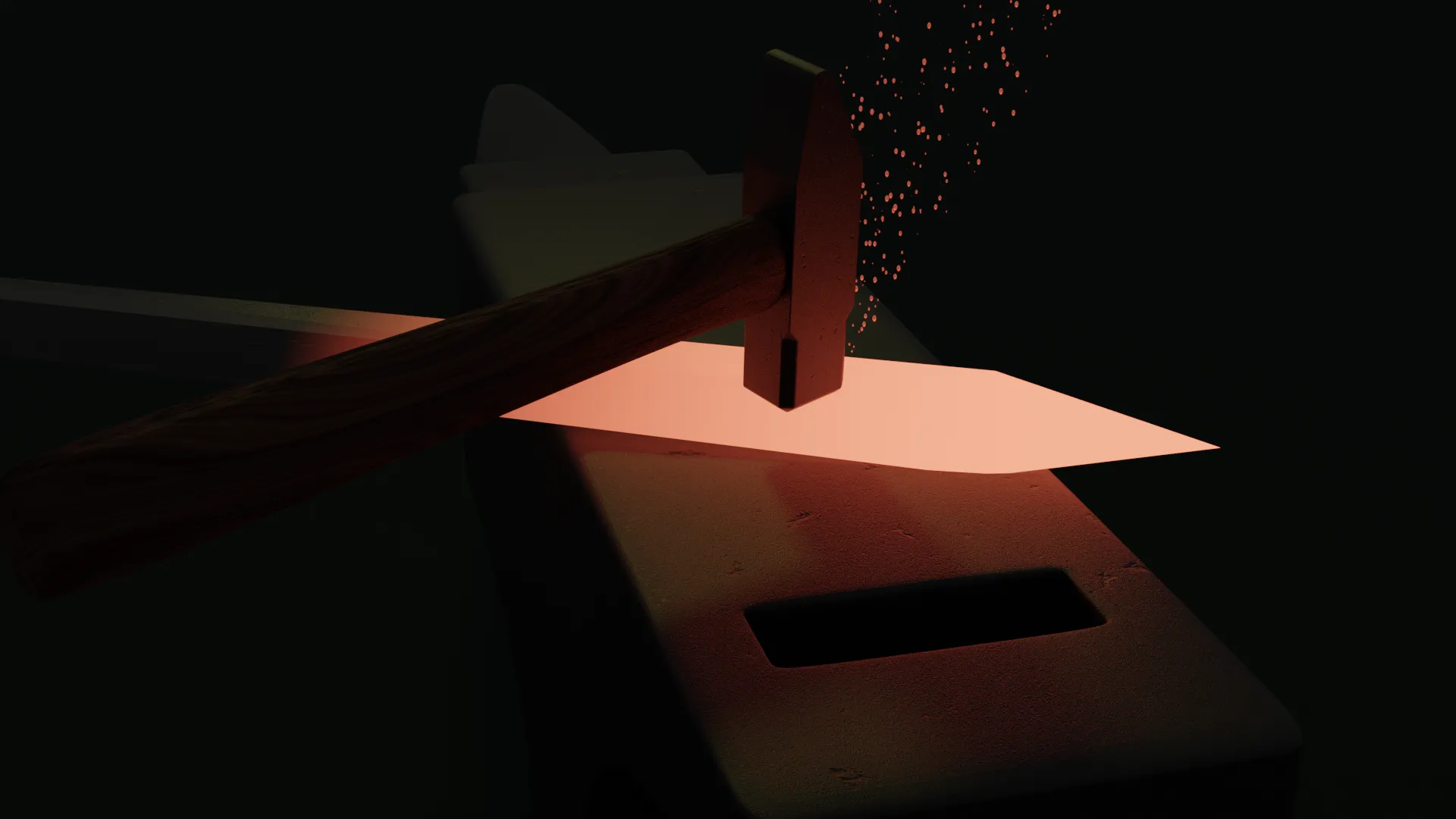 A hammer striking hot metal at the forge.