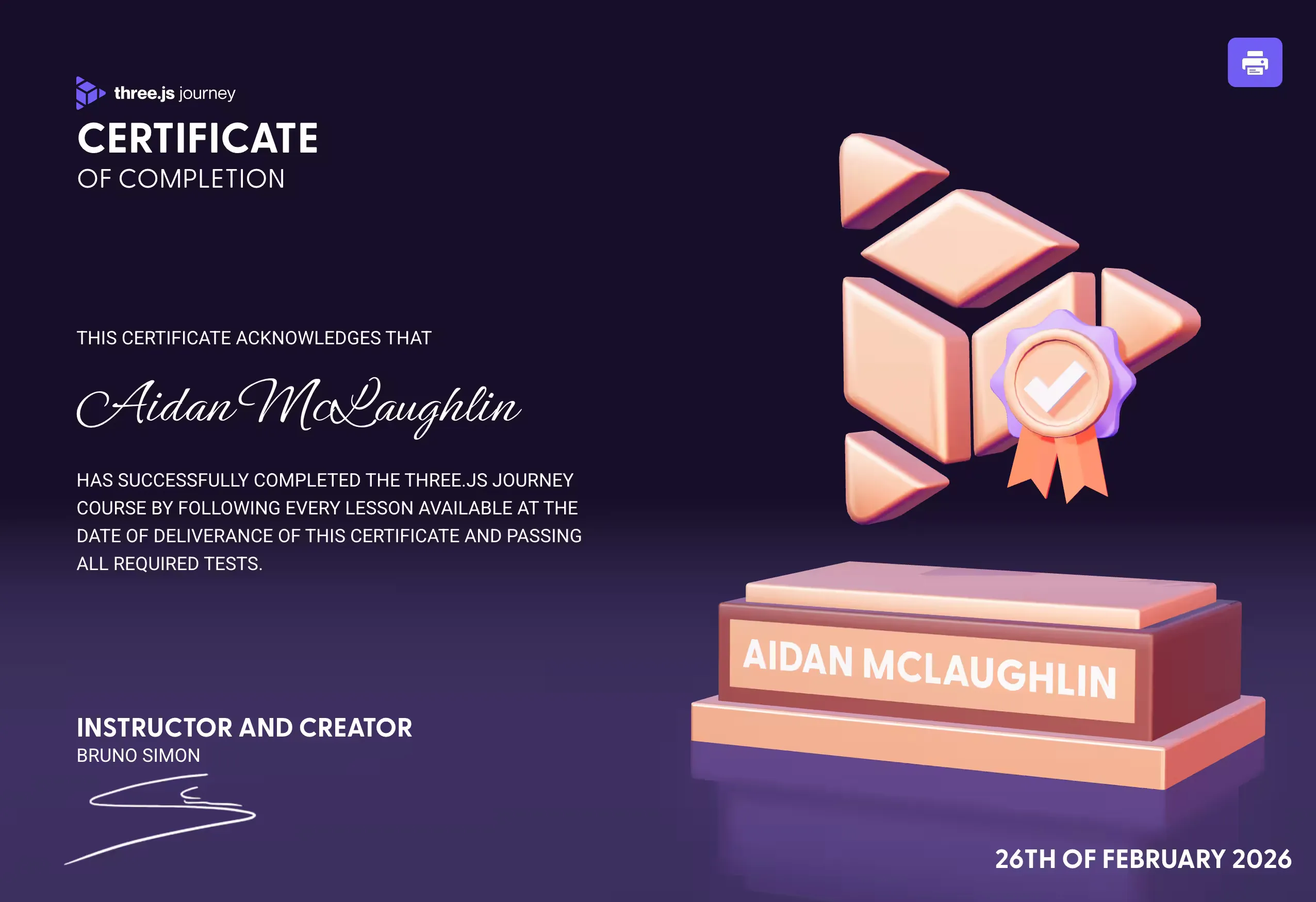 Aidan's certificate from Bruno Simon's Three.js Journey course