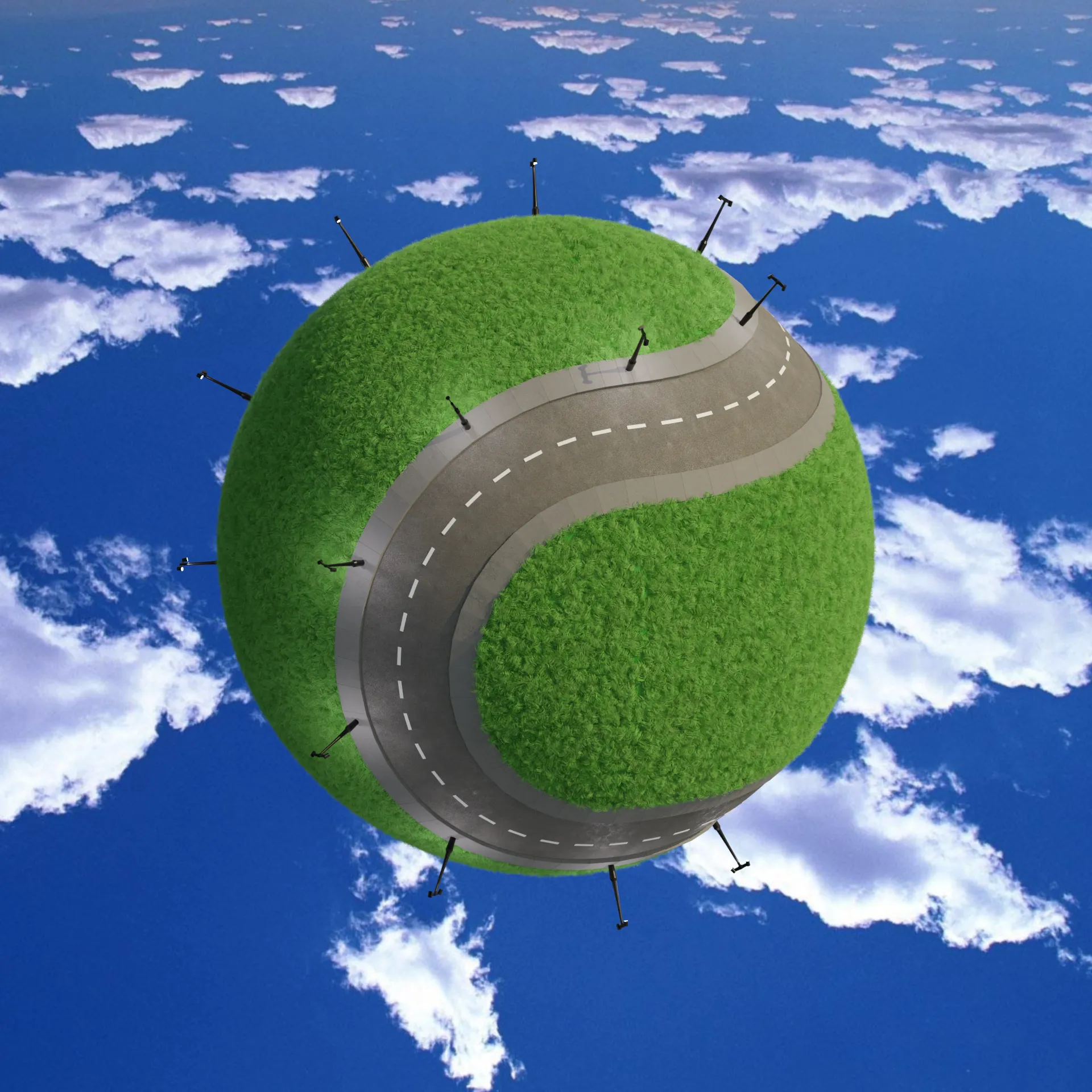 Tennis ball world with a road running along the rubber seam.